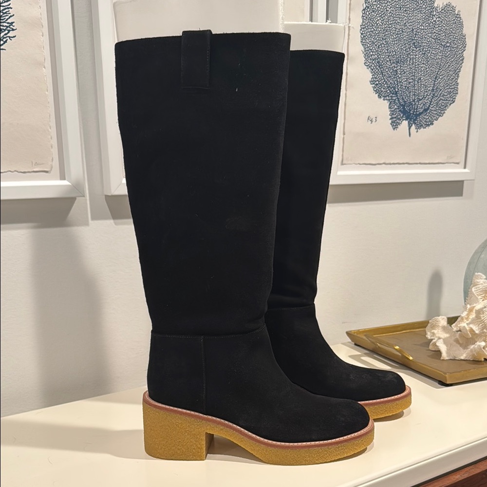 Stuart Weitzman NWT Montana Slouch Black Suede Knee-High Boots with Tan Sole